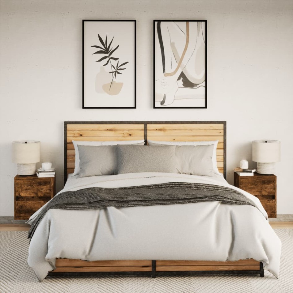 Mesitas de noche de pared con luces LED 2 uds roble