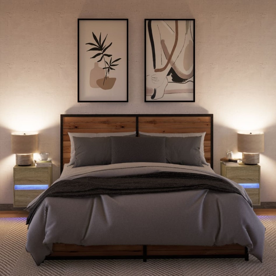 Mesitas de noche de pared con luces LED 2 unidades roble