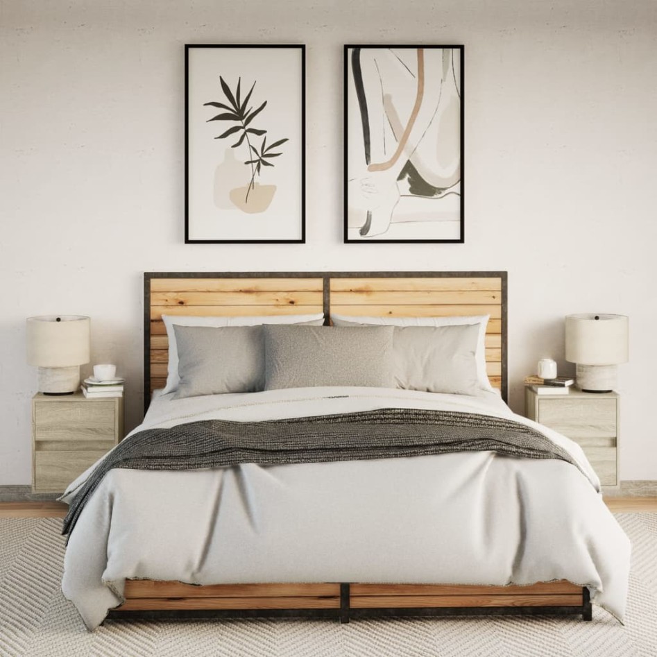 Mesitas de noche de pared con luces LED 2 unidades roble