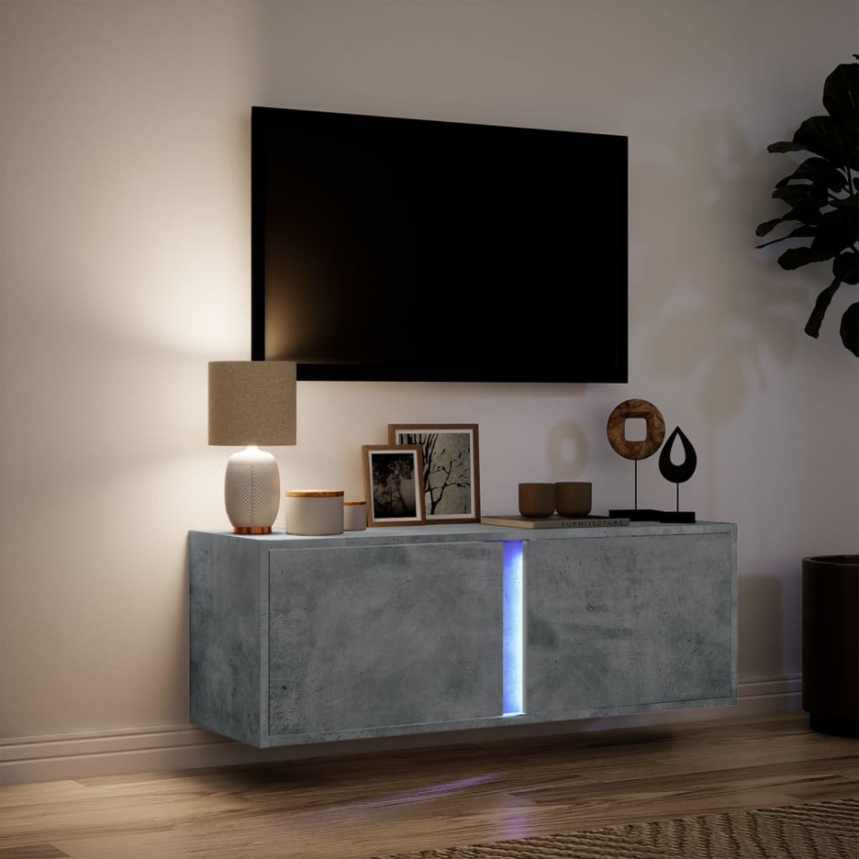 Mueble de TV de pared con luces LED gris hormigón 100x31x35
