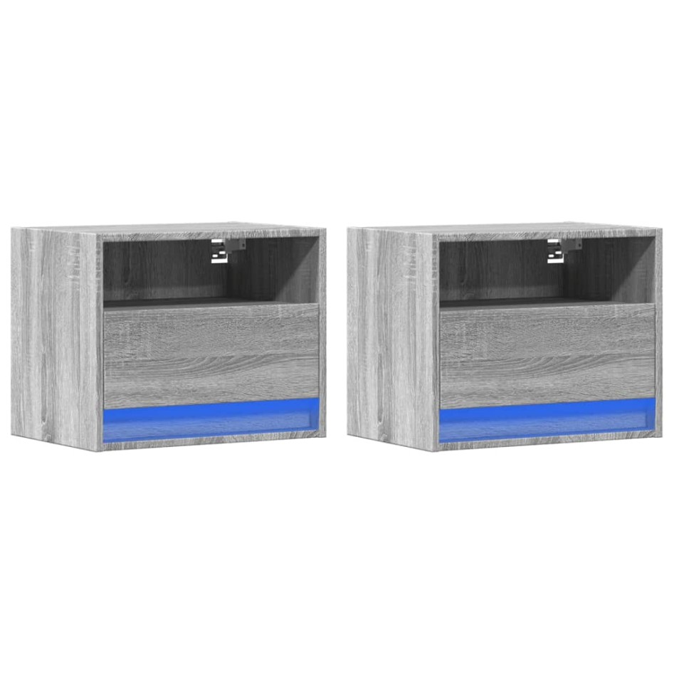 Mesitas de noche de pared con luces LED 2 unidades gris