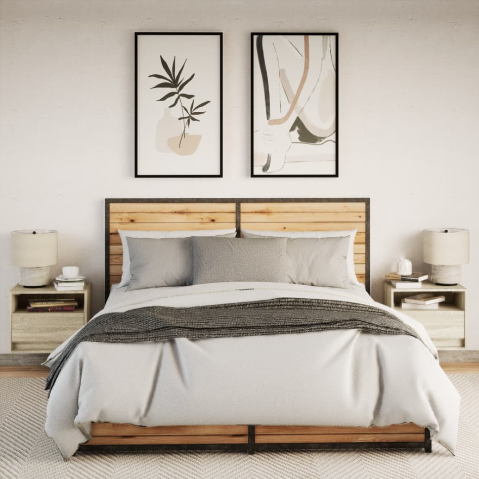 Mesitas de noche de pared con luces LED 2 unidades roble