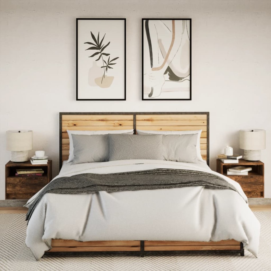 Mesitas de noche de pared con luces LED 2 uds roble