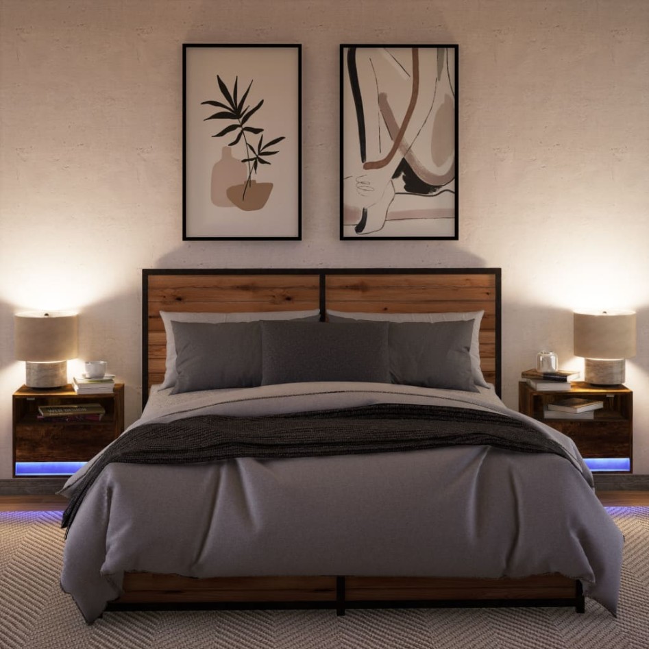 Mesitas de noche de pared con luces LED 2 uds roble