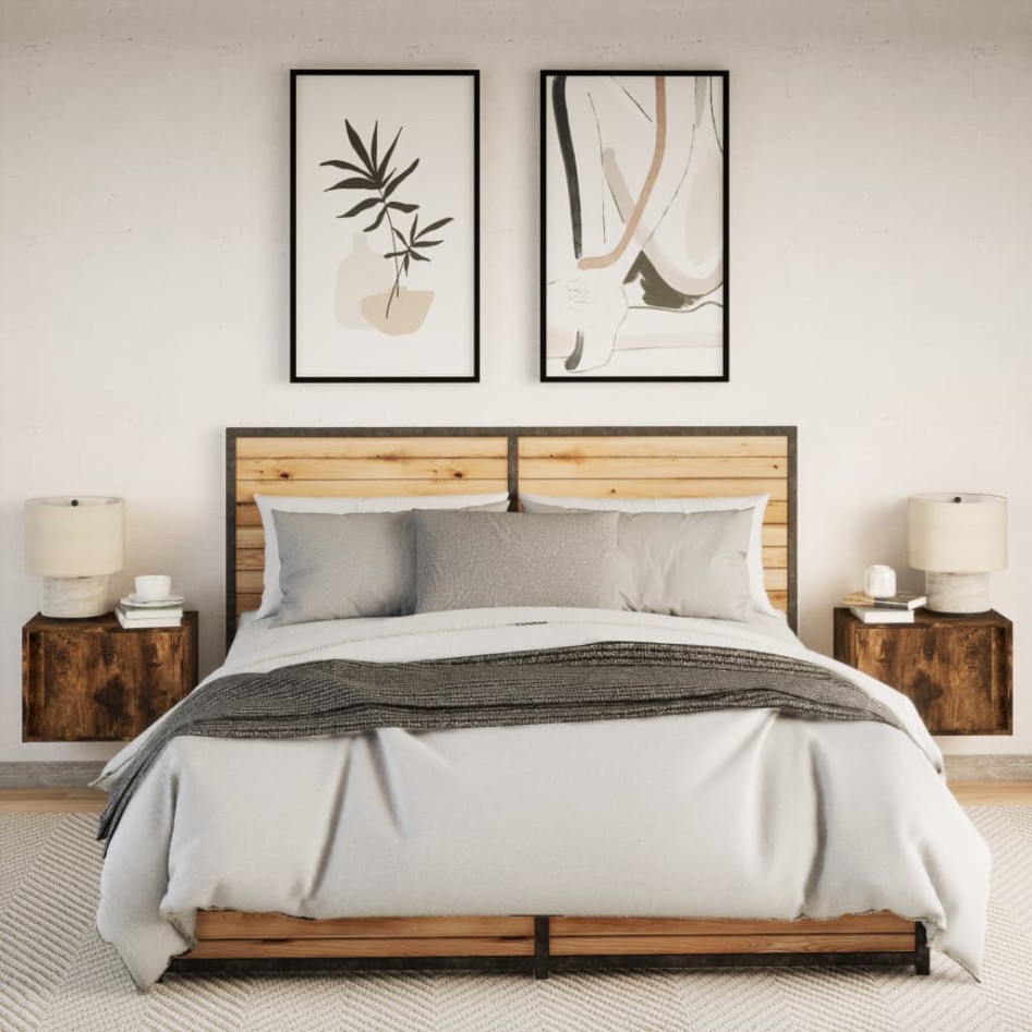 Mesitas de noche de pared con luces LED 2 uds roble