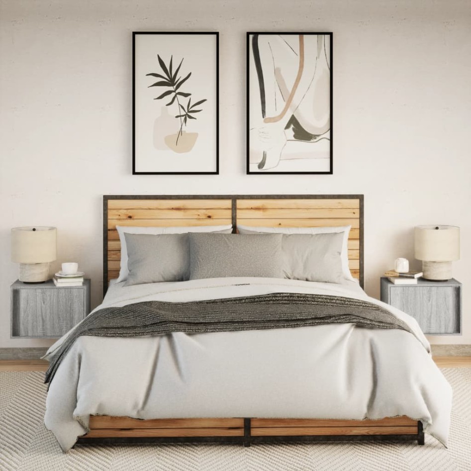 Mesitas de noche de pared con luces LED 2 unidades gris