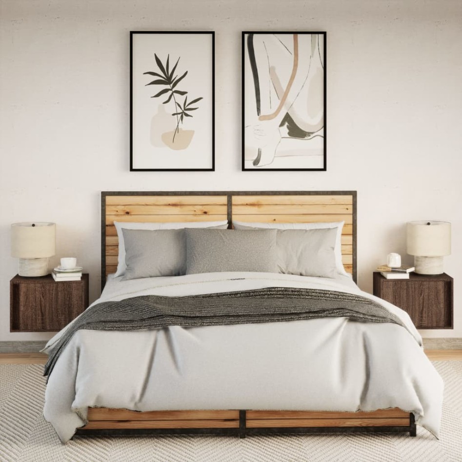 Mesitas de noche de pared con luces LED 2 unidades roble