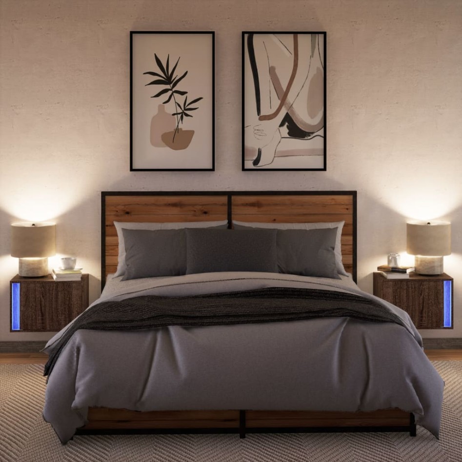 Mesitas de noche de pared con luces LED 2 unidades roble