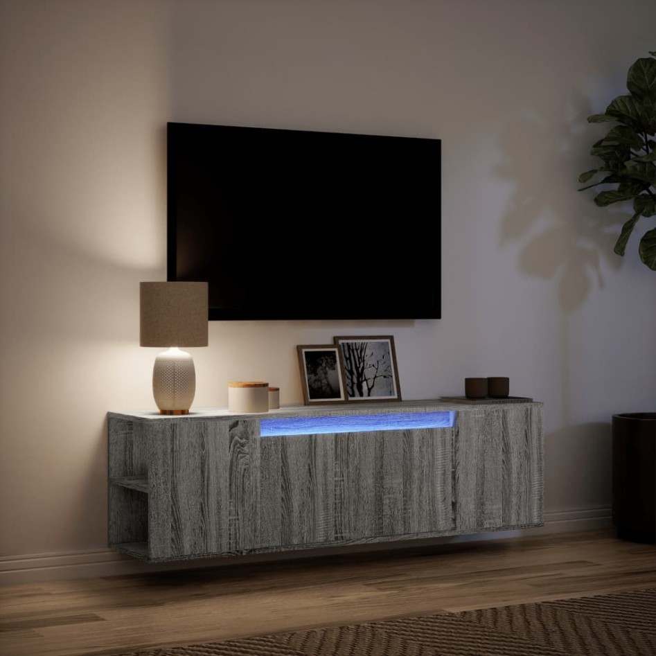 Mueble de TV de pared con luces LED gris Sonoma 135x31x39,5