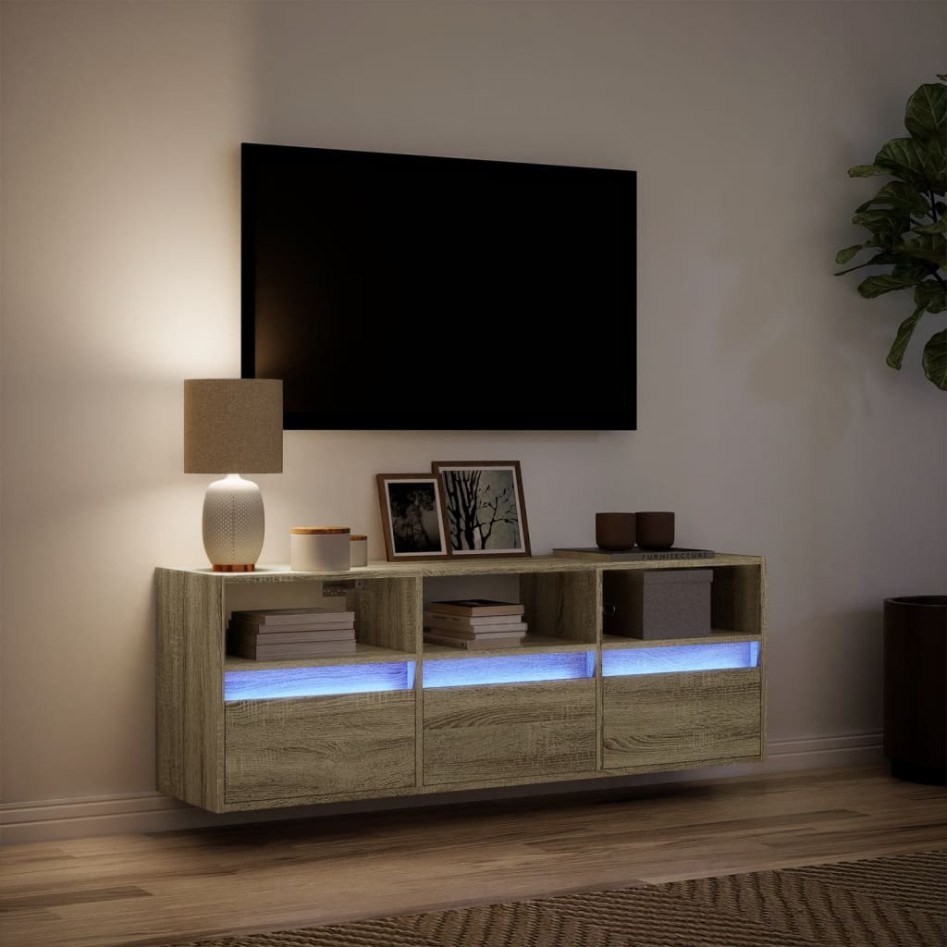 Mueble de TV de pared con luces LED roble Sonoma 130x31x45