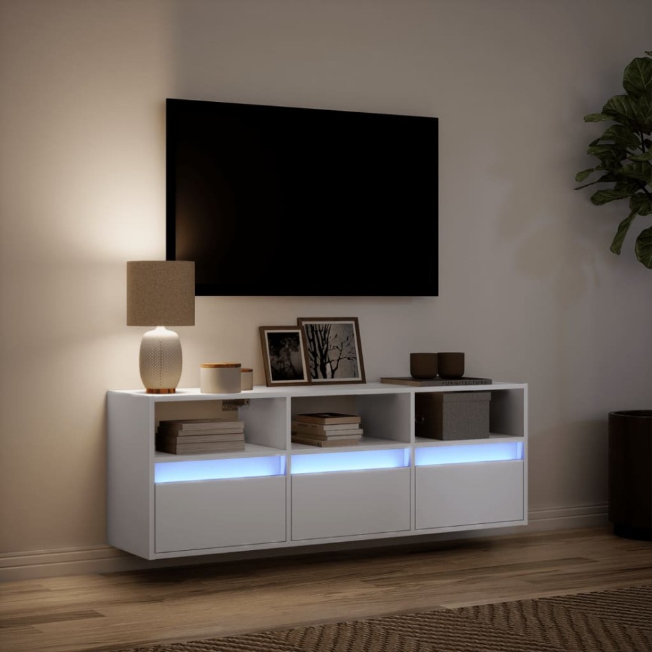 Mueble de TV de pared con luces LED blanco 130x31x45