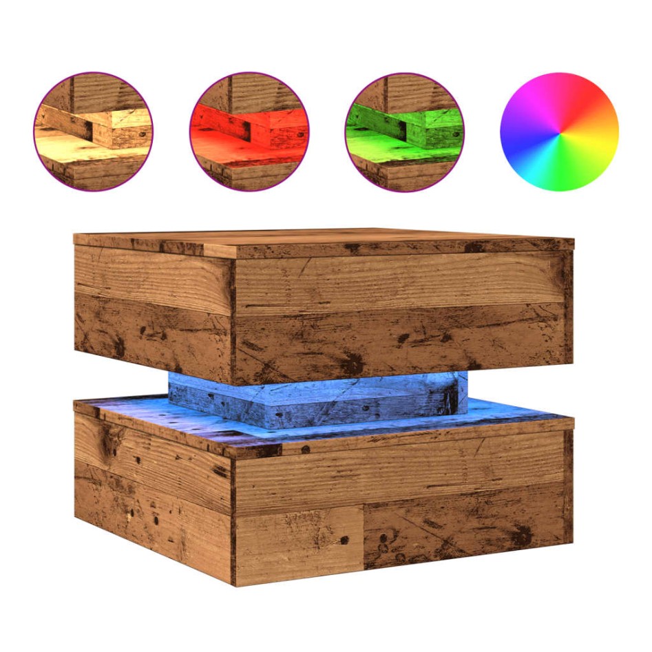 Mesa de centro con luces LED madera envejecida 50x50x40