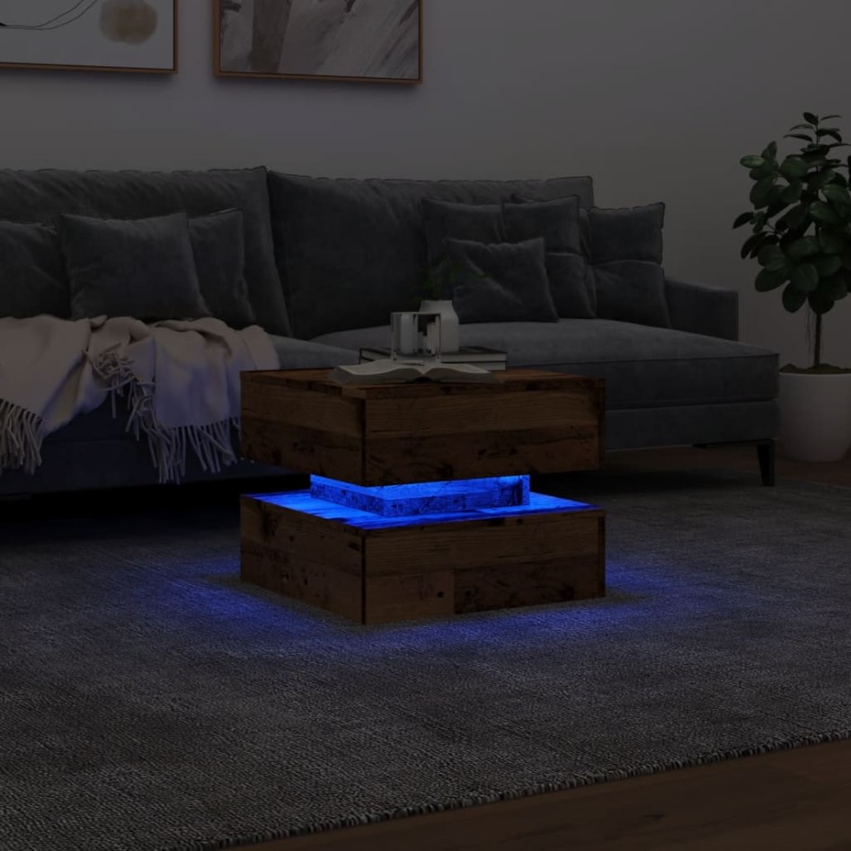 Mesa de centro con luces LED madera envejecida 50x50x40