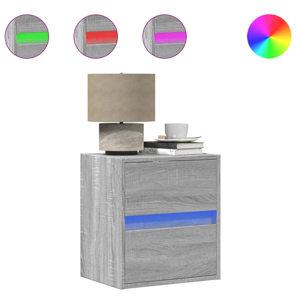 Mesitas de noche de pared con luces LED 2 unidades gris