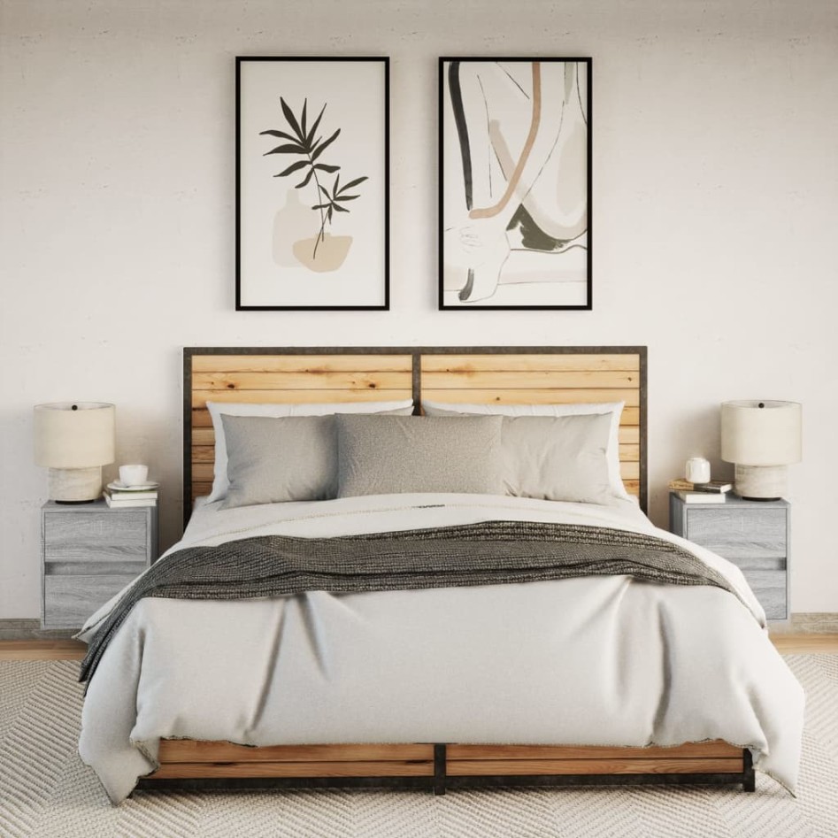 Mesitas de noche de pared con luces LED 2 unidades gris