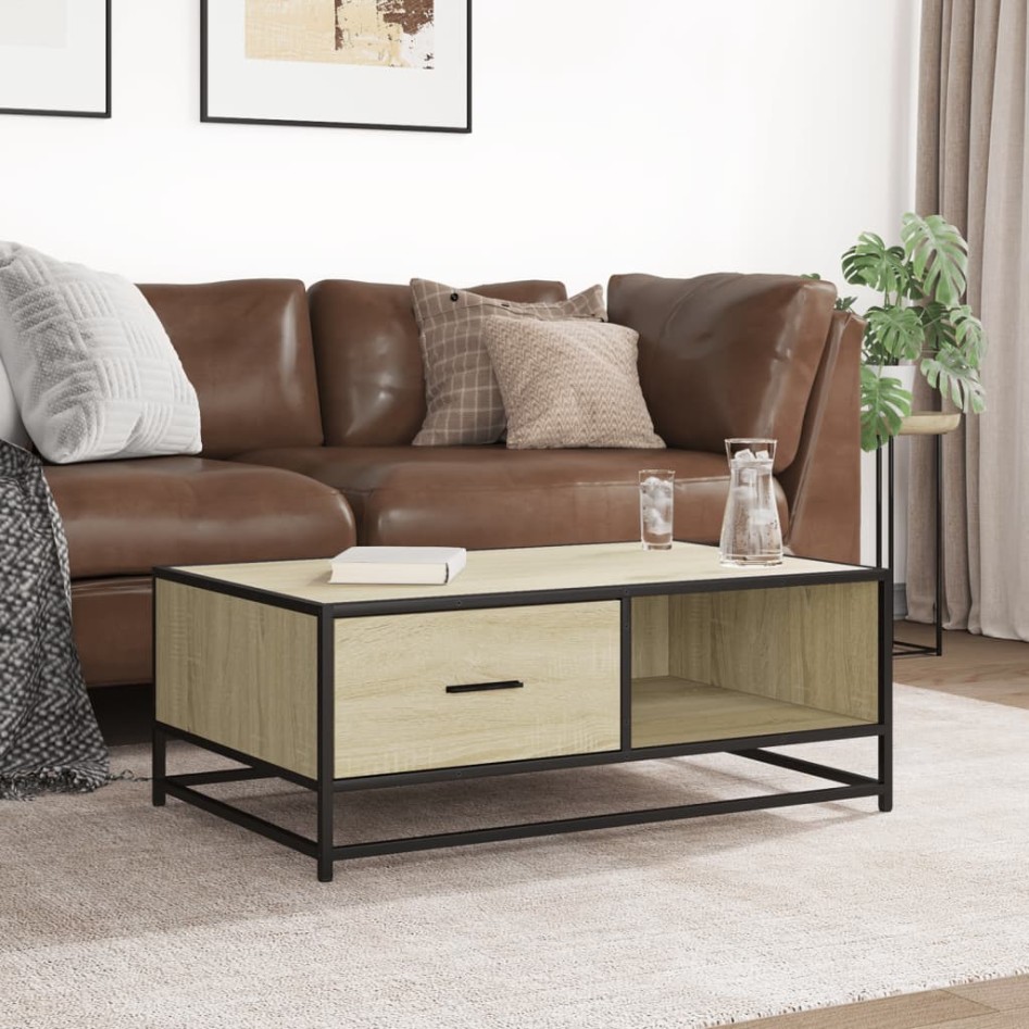 Mesa de centro madera ingeniería metal roble Sonoma 90x57x35