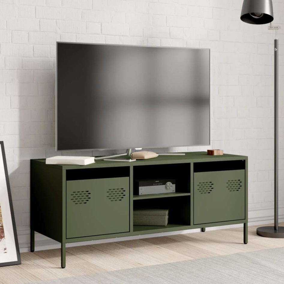 Mueble TV acero laminado en frío verde oliva 101,5x39x43,5