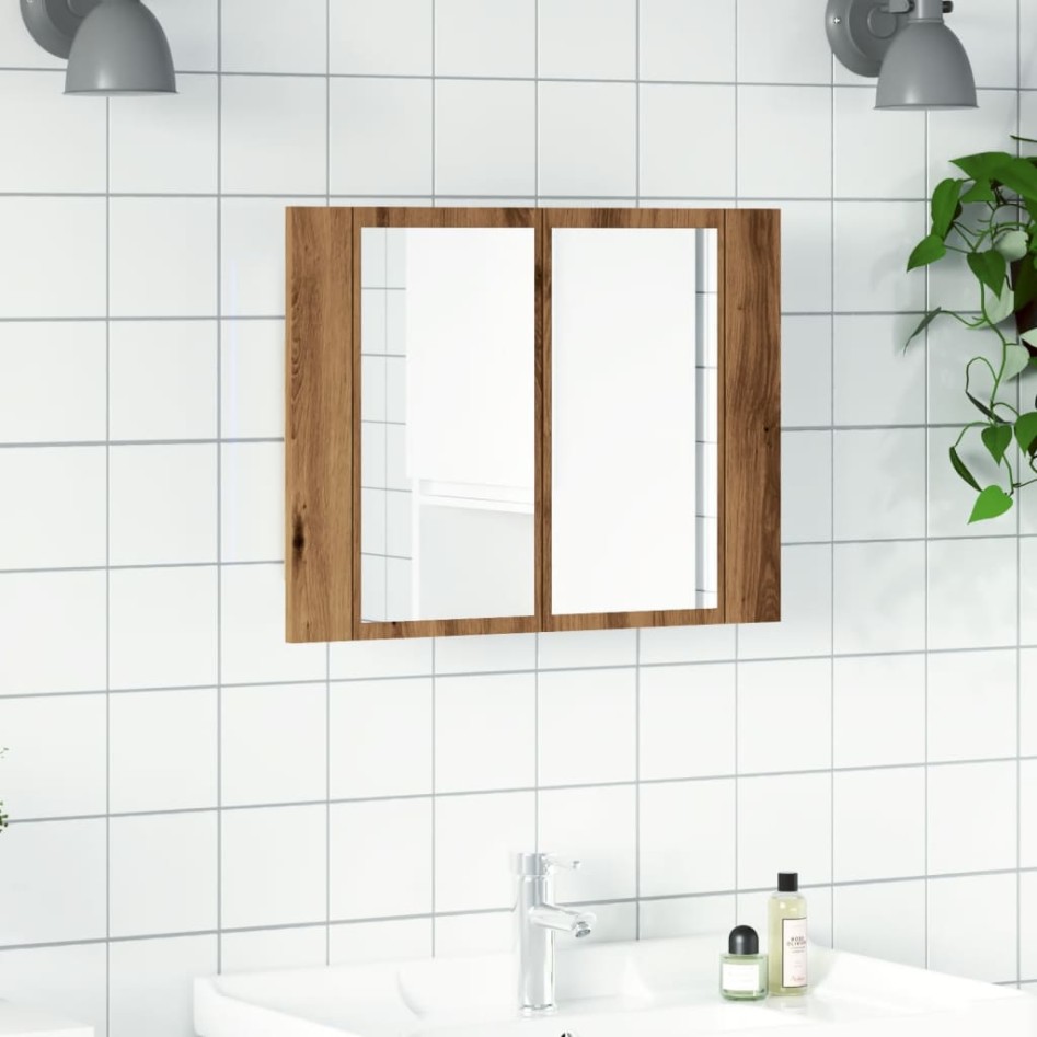 Armario con espejo y LED madera roble artisan 60x12x45