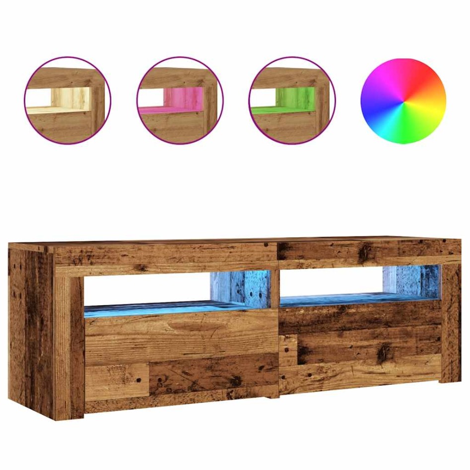 Mueble TV luces LED madera ingeniería envejecida 120x35x40