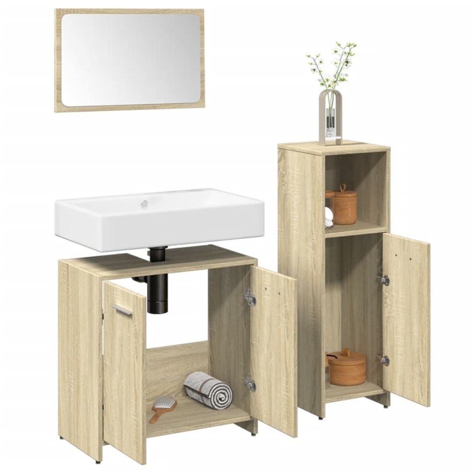 Set de muebles de baño 3 pzas madera contrachapada roble