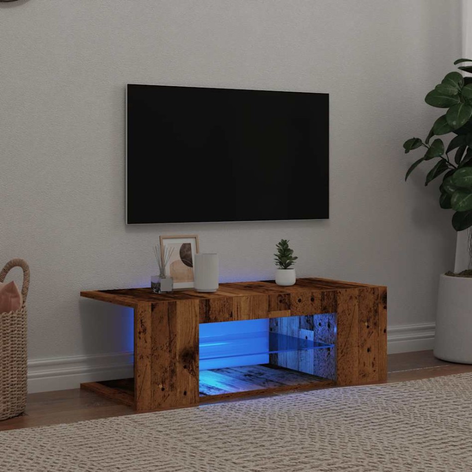 Mueble TV luces LED madera ingeniería envejecida 90x39x30