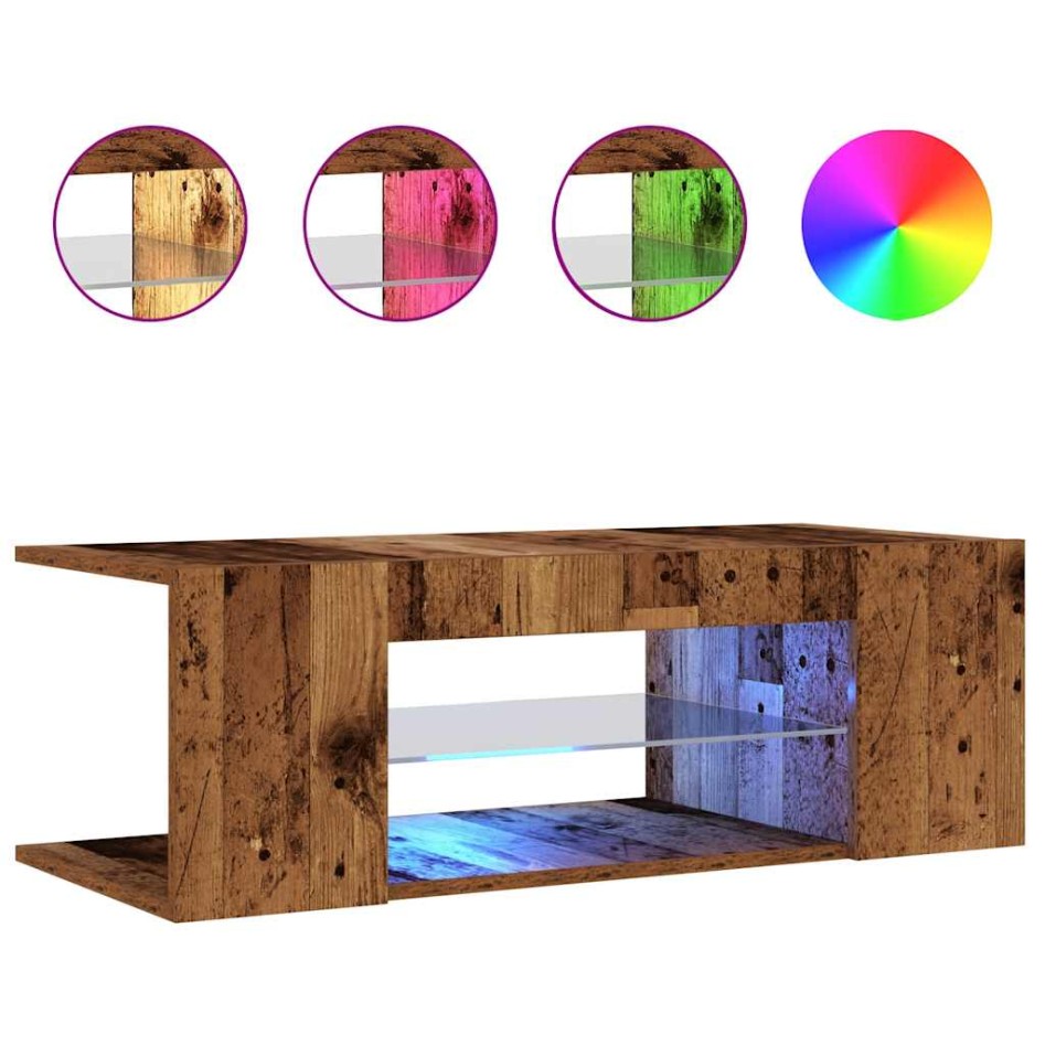 Mueble TV luces LED madera ingeniería envejecida 90x39x30