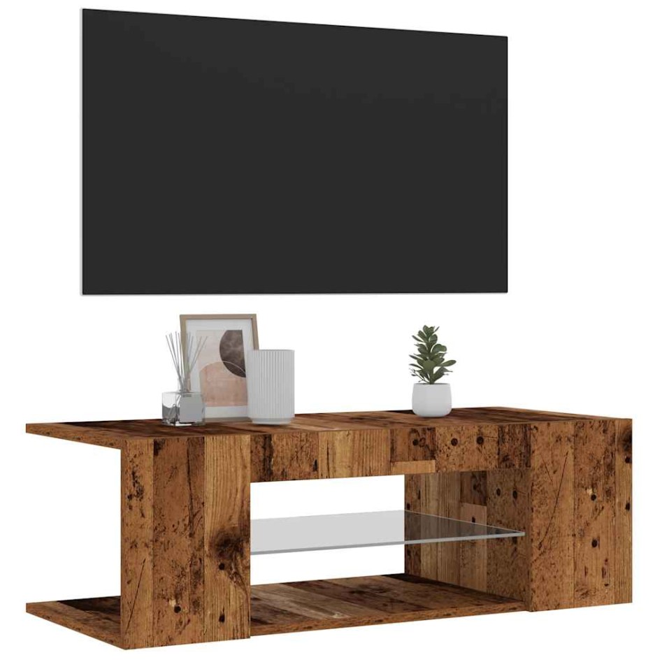 Mueble TV luces LED madera ingeniería envejecida 90x39x30