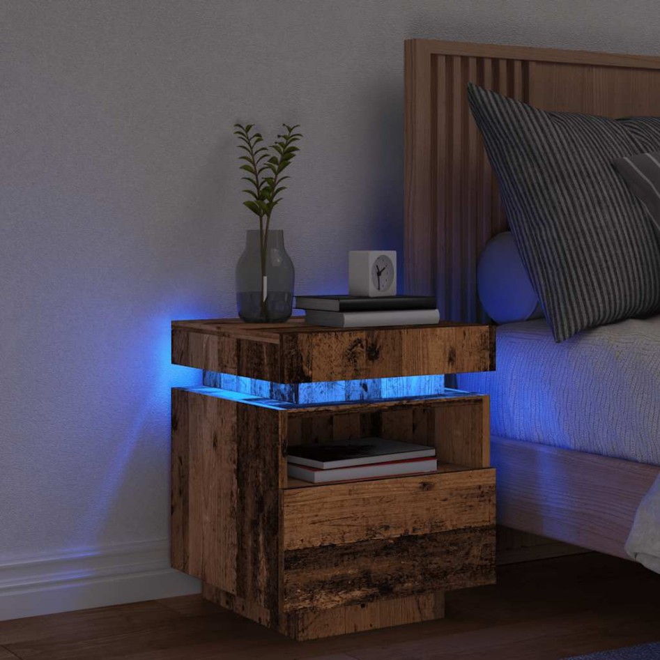 Mesita de noche con luces LED madera envejecida 40x39x48,5