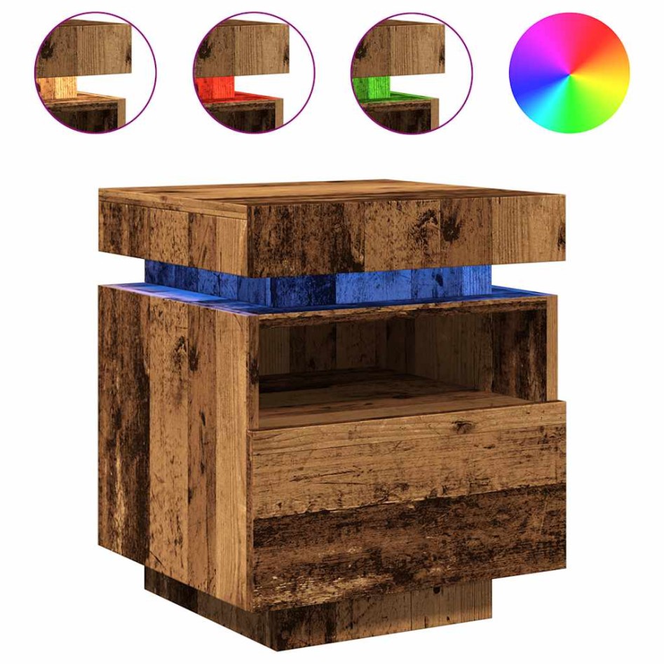 Mesita de noche con luces LED madera envejecida 40x39x48,5