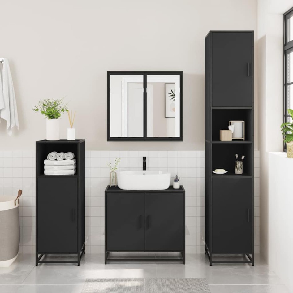Armario de baño con espejo madera ingeniería negro 65x20x60