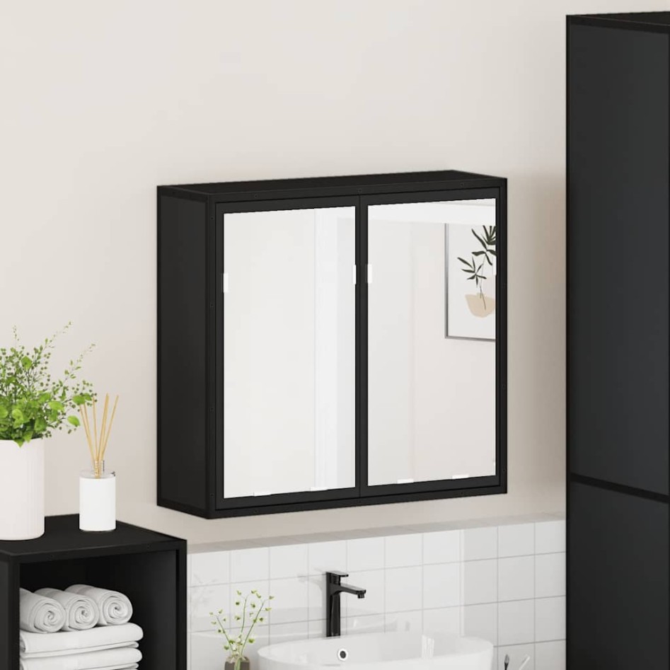 Armario de baño con espejo madera ingeniería negro 65x20x60