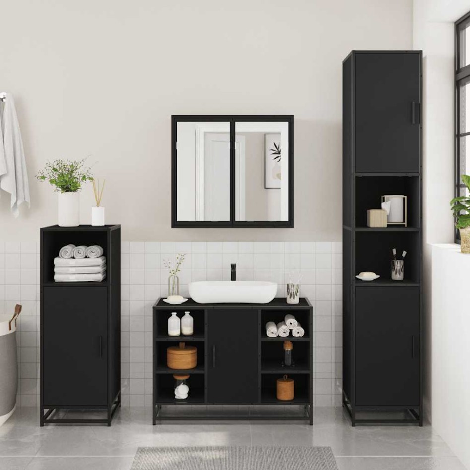 Armario de lavabo de baño madera ingeniería negro 80x33x60