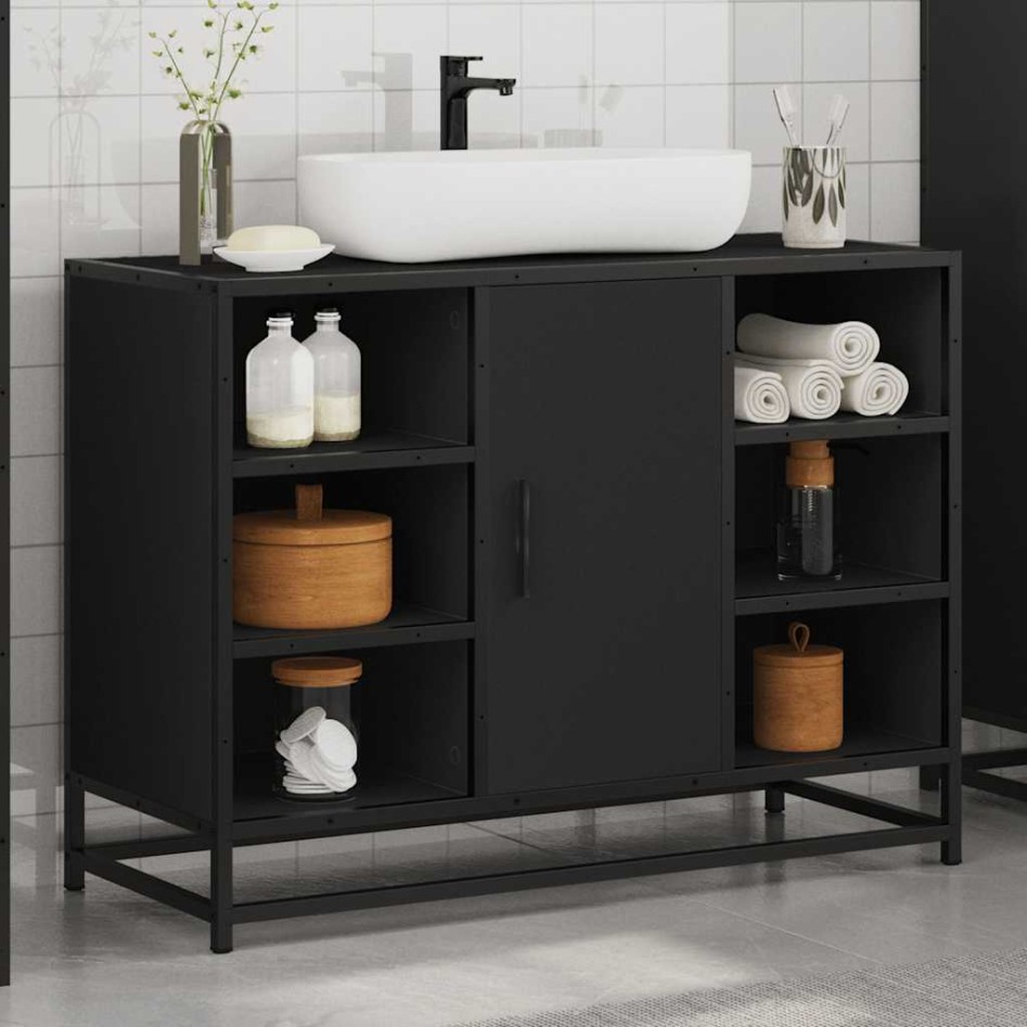Armario de lavabo de baño madera ingeniería negro 80x33x60
