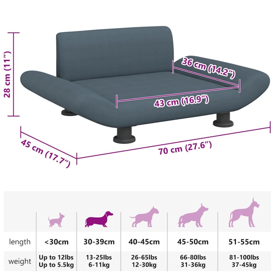 Cama para perros de tela gris oscuro 70x45x28