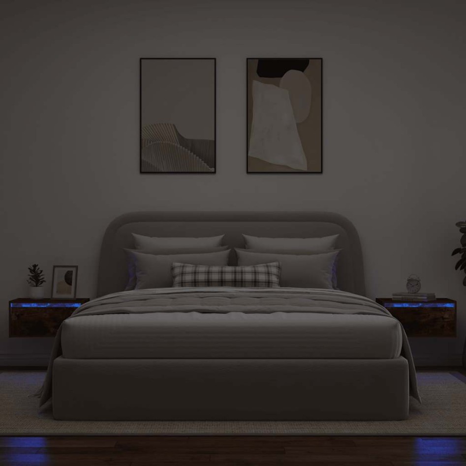 Mesitas de noche de pared con luces LED 2 uds roble