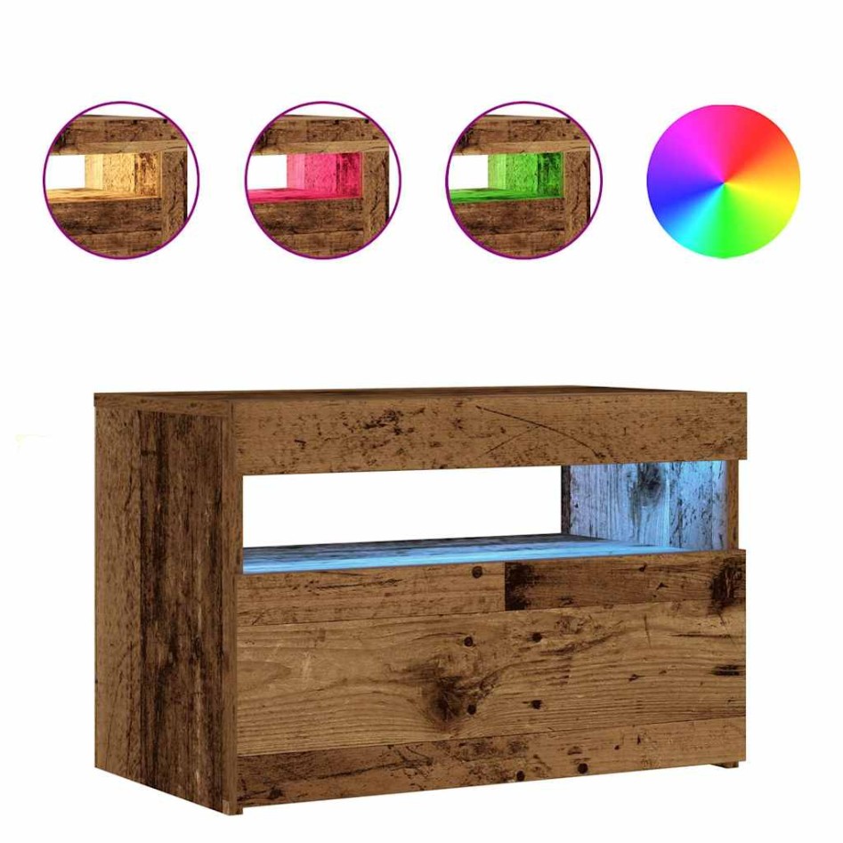 Mesilla de noche con luces LED madera vieja 60x35x40
