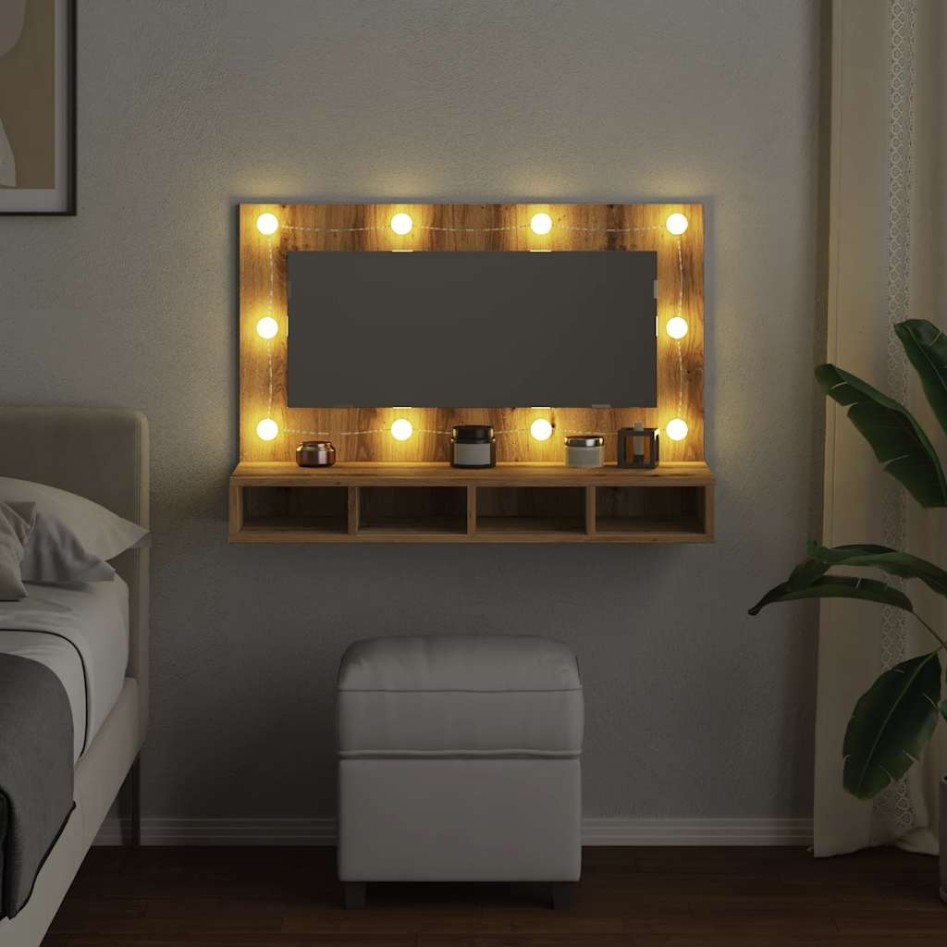 Mueble con espejo y LED roble artesanal 90x31,5x62