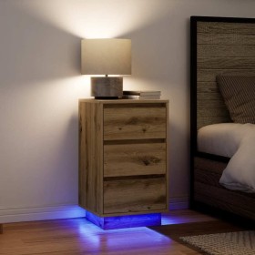 Mesilla de noche con luces LED roble artesanal 38x34x65