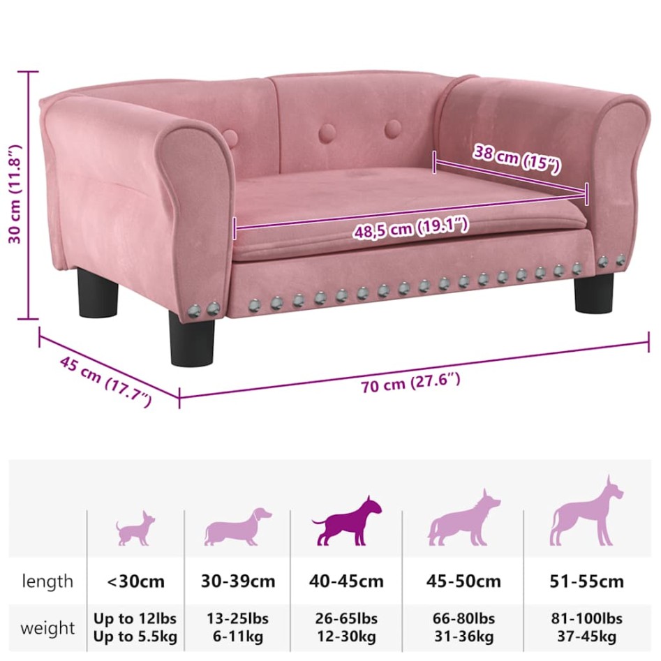 Cama para perros de terciopelo rosa 70x45x30