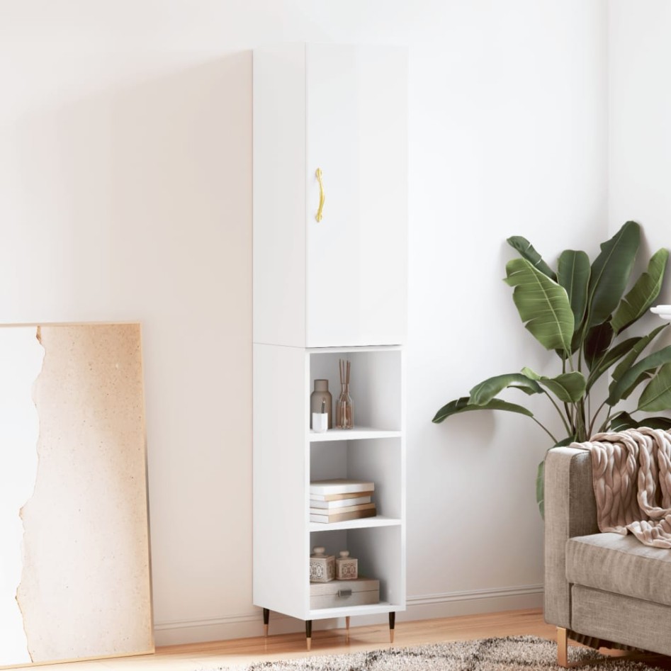 Aparador alto madera contrachapada blanco brillo 34,5x34x180