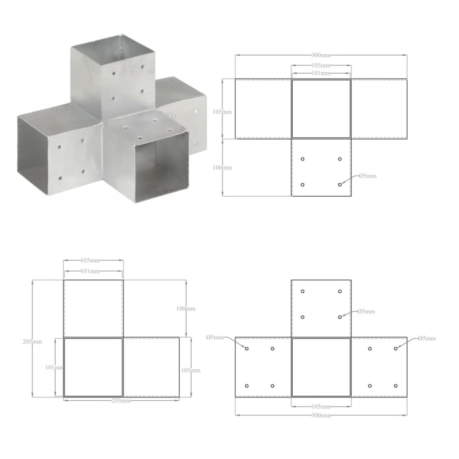 Conectores de postes en X 4 uds metal galvanizado 101x101