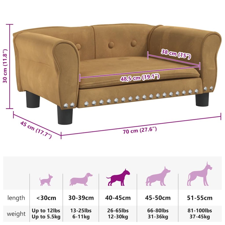 Cama para perros de terciopelo marrón 70x45x30