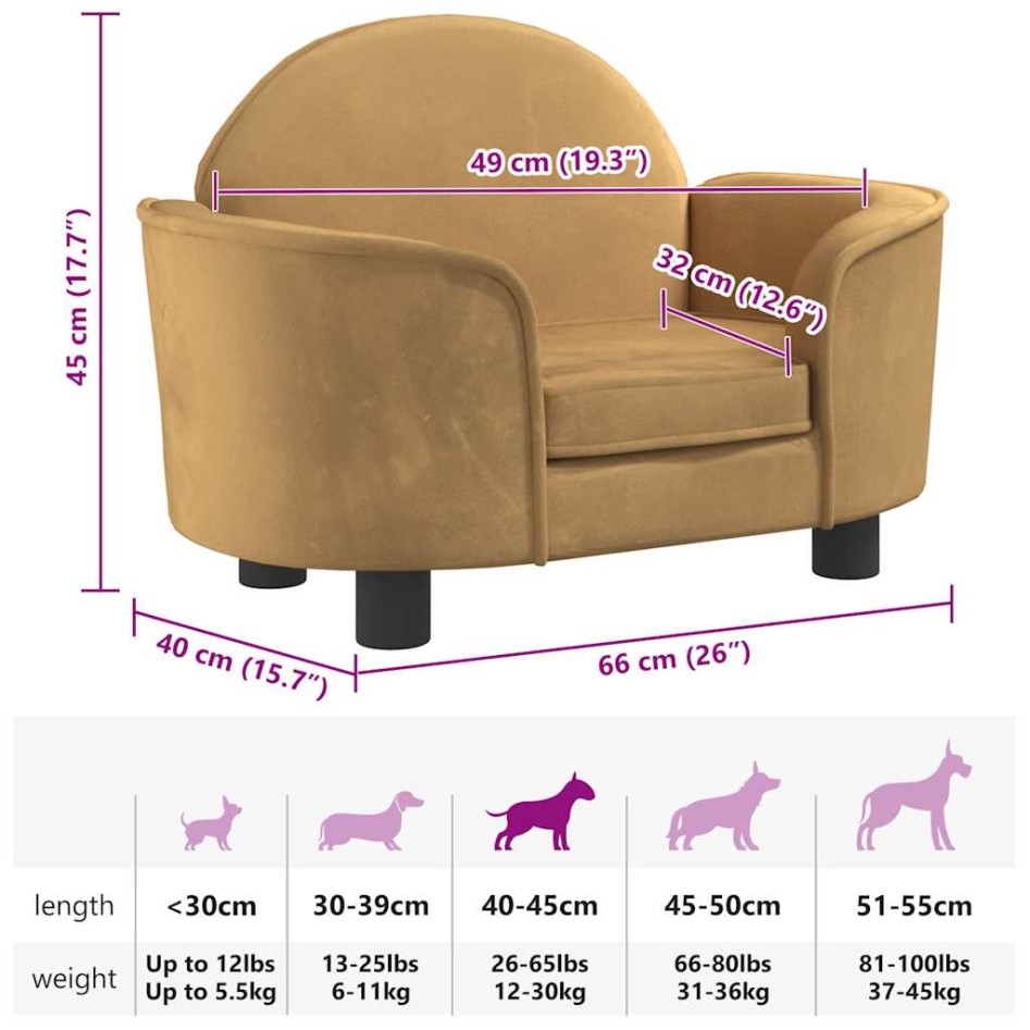 Cama para perros de terciopelo marrón 66x40x45