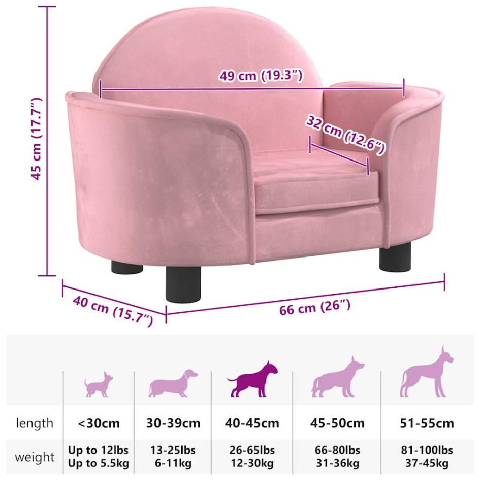 Cama para perros de terciopelo rosa 66x40x45