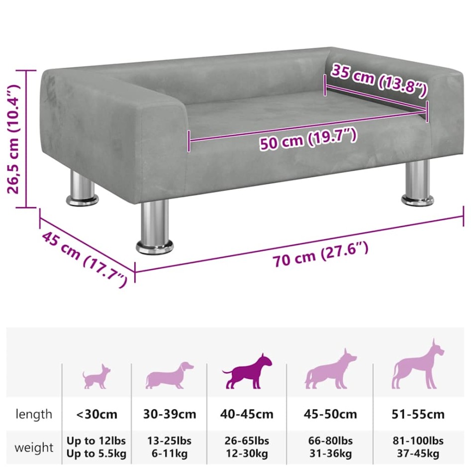 Cama para perros de terciopelo gris claro 70x45x26,5