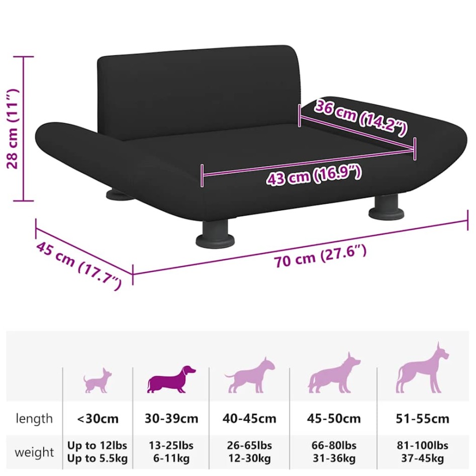 Cama para perros de tela negra 70x45x28