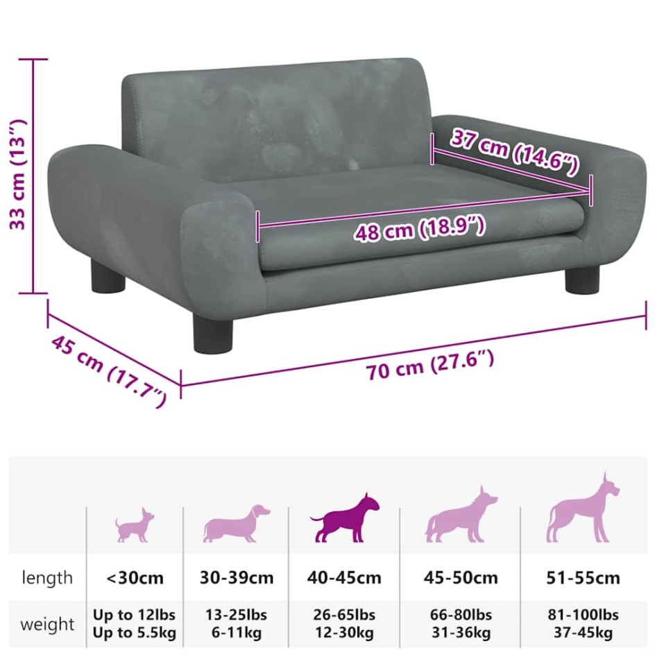 Cama para perros de terciopelo gris oscuro 70x45x33