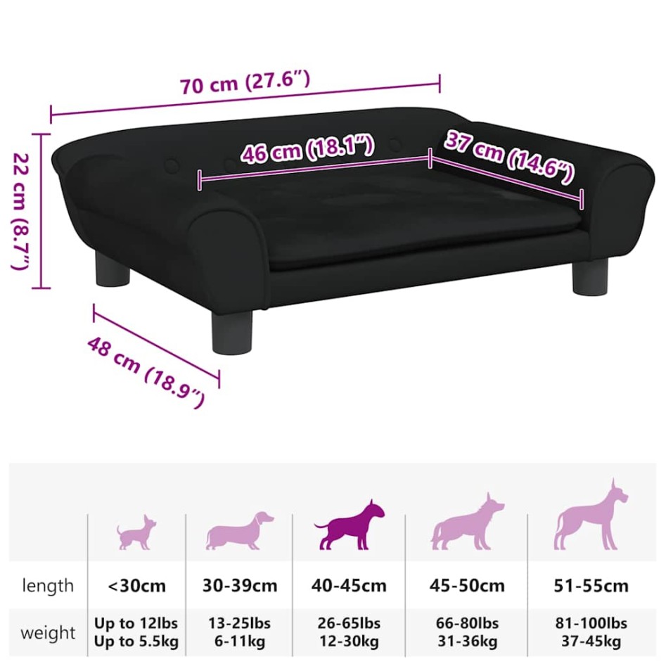 Cama para perros de terciopelo negra 70x48x22