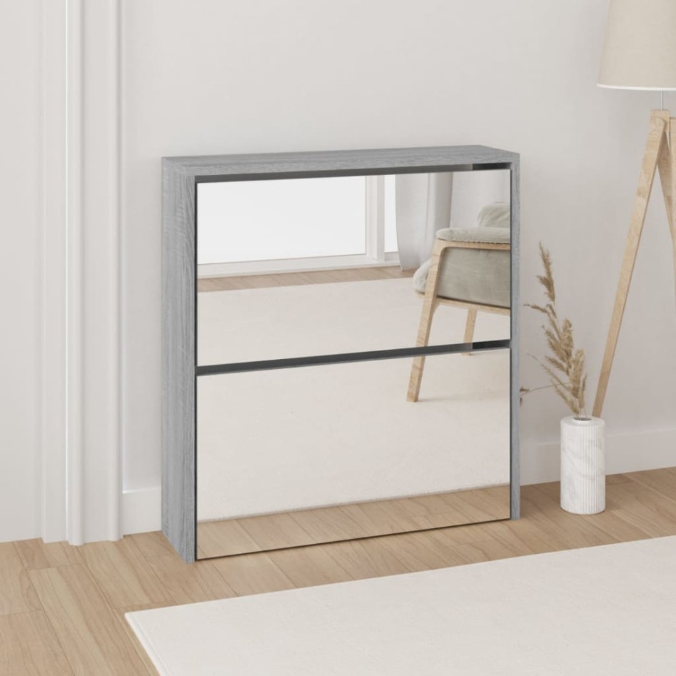 Mueble zapatero con espejo 2 niveles gris Sonoma 63x17x67