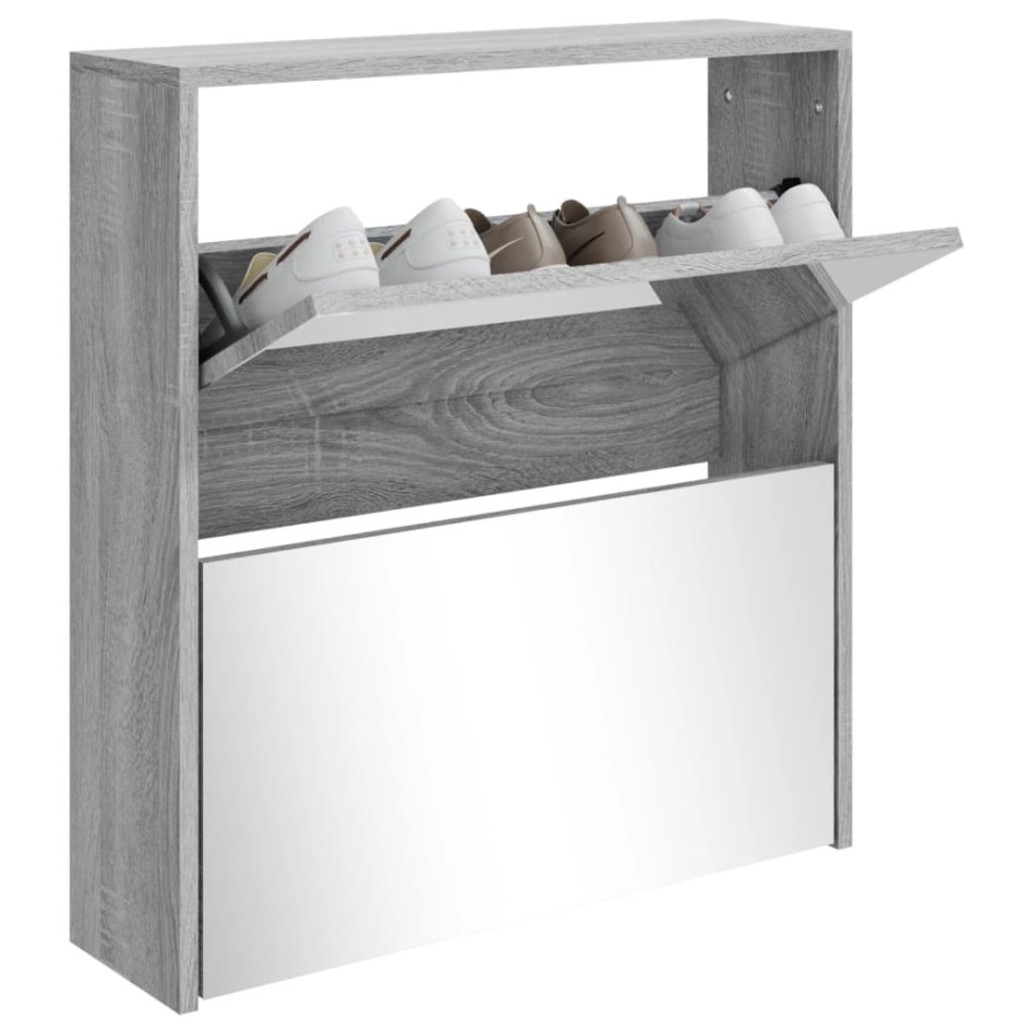 Mueble zapatero con espejo 2 niveles gris Sonoma 63x17x67